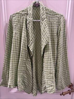 NWOT Flax Light Green and White Plaid Draped Cardigan (171)
